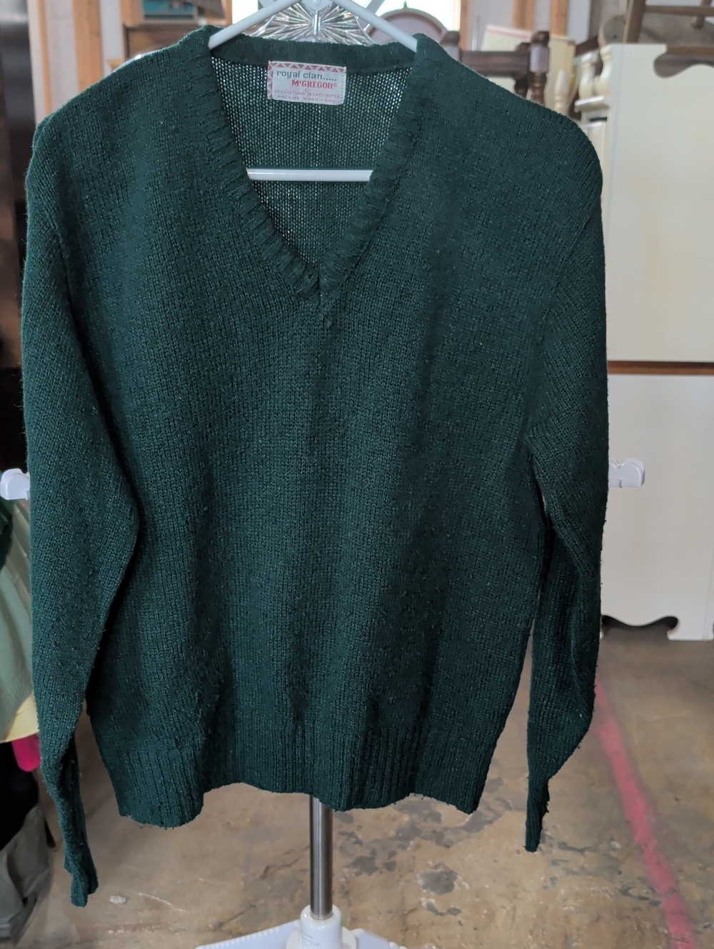 70s McGregor Royal Clan Green Wool Blend V-Neck Knit Sweater Large